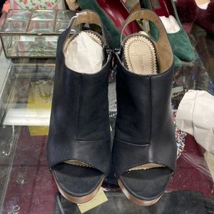 Jean-Michel Cazabat Black Leather & Wood Wedge Heels - Sz 38